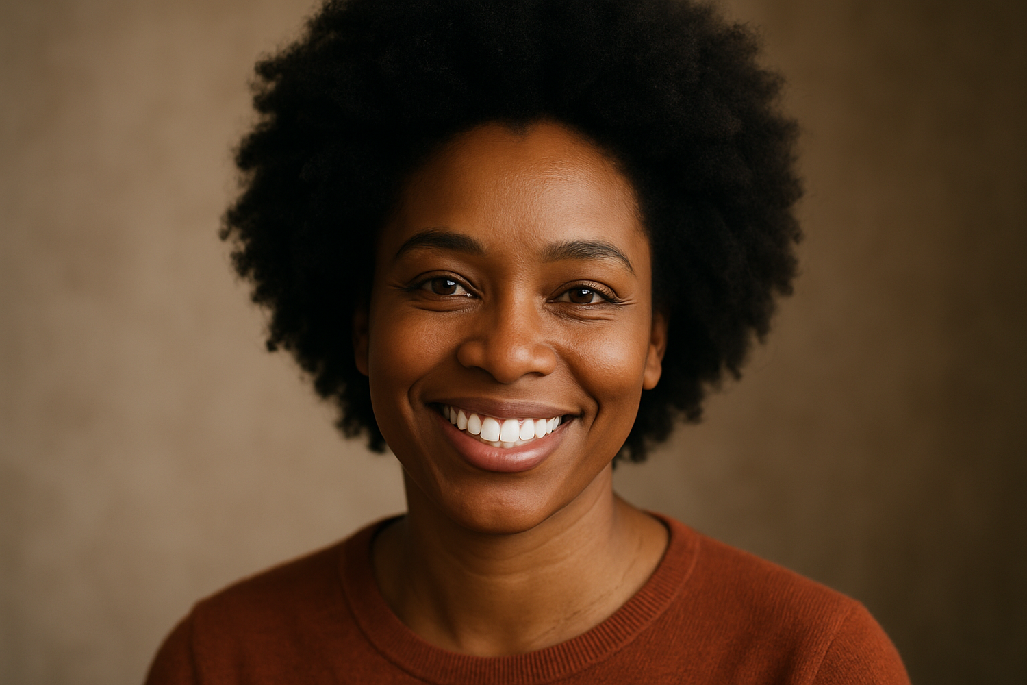 Une femmes noire claire confiante et souriante dents blanche avec les yeux remplis d’amour et de bienveillance  cheveux Afro 